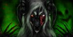 anthro black_fur black_nose blind_eye claws clenched_teeth dark demon ear_piercing ear_ring facial_hair facial_scar fur goatee green_background grey_hair hair hi_res horn long_hair male mammal murid murine orange_sclera piercing rat rodent scar simple_background solo source_request teeth text unknown_artist whiskers 