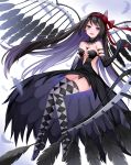  1girl absurdres akemi_homura akuma_homura arno_(ft3014) artist_name bare_shoulders black_hair blush breasts cleavage detached_collar elbow_gloves feathers gloves highres looking_at_viewer mahou_shoujo_madoka_magica medium_breasts purple_eyes red_ribbon ribbon side_slit skindentation smile solo thighs toe-point white_background wings 