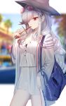  1girl azur_lane bag bangs blouse bubble_tea buttons chinese_commentary commentary_request cup day dress drinking drinking_straw drinking_straw_in_mouth dunkerque_(azur_lane) eternity_(pixiv8012826) eyewear_on_head glasses hair_ornament hair_over_one_eye hat highres long_sleeves outdoors purple_eyes sidelocks sunglasses white_dress white_hair 