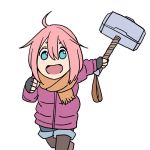  1girl :d bangs blue_eyes eyebrows_visible_through_hair hair_between_eyes hammer holding holding_weapon kagamihara_nadeshiko long_sleeves low_twintails marvel mjolnir onsen_tamago_(hs_egg) open_mouth orange_scarf pink_hair running scarf simple_background smile solo twintails weapon white_background winter_clothes yurucamp 