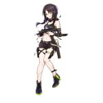  1girl ankle_boots arm_sheath bandana belt_pouch black_gloves black_hair boots braid bullet crop_top elbow_gloves finger_gun finger_on_trigger girls_frontline gloves glowing glowing_eye green_eyes green_trim grin gun hair_over_one_eye highleg highleg_panties knife_holster long_hair mac-10 mac-10_(girls_frontline) magazine_(weapon) official_art panties pouch sa_(h28085) sheath short_shorts short_twintails shorts smile smudge solo stitches submachine_gun thigh_strap torn_clothes transparent_background twin_braids twintails underwear weapon 