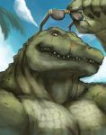  2016 5_fingers alligator alligatorid amber_eyes anthro blue_sky bust_portrait claws cloud crocodilian day eyewear green_scales hi_res looking_at_viewer male muscular muscular_male outside pecs portrait ralphthefeline reptile scales scalie scar sky sunglasses 