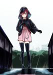  1girl black_gloves black_legwear boots coat gloves highres japanese_clothes kamikaze_(kantai_collection) kantai_collection latex latex_gloves latex_legwear long_hair looking_at_viewer rain raincoat red_hair skirt smile standing thigh_boots thighhighs thighs vi3r6ein 