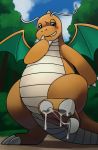  3_toes ambiguous_gender barefoot belly belly_scales blush bodily_fluids claws cum cum_on_feet detailed_background dragon dragonite featureless_crotch feet foot_fetish foot_focus genital_fluids hindpaw katahane3 looking_at_viewer membrane_(anatomy) membranous_wings nintendo nude orange_scales outside paws pok&eacute;mon pok&eacute;mon_(species) scales scalie smile soles solo standing toe_claws toes video_games wings 