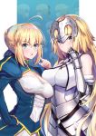  2girls ahoge armor armored_dress artoria_pendragon_(all) bangs bare_shoulders blonde_hair blue_dress blue_eyes blue_ribbon blush braid breasts chain cleavage closed_mouth dress fate/apocrypha fate/stay_night fate_(series) faulds french_braid gauntlets hair_between_eyes hair_bun hair_ribbon headpiece highres jeanne_d&#039;arc_(fate) jeanne_d&#039;arc_(fate)_(all) large_breasts long_braid long_hair long_sleeves looking_at_viewer medium_breasts multiple_girls ninoude_(ninoude44) open_mouth plackart ribbon sidelocks single_braid very_long_hair white_dress 