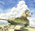  1girl black_gloves blonde_hair blue_sky cloud cloudy_sky emblem girls_und_panzer gloves green_jumpsuit ground_vehicle hand_up headwear helmet jumpsuit katyusha long_sleeves looking_to_the_side military military_vehicle motor_vehicle open_mouth pravda_(emblem) pravda_military_uniform scowl shiratama_(hockey) short_hair sky solo sweatdrop t-34 tank tongue yellow_eyes 