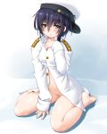  1girl admiral_(kantai_collection) admiral_(kantai_collection)_(cosplay) alternate_costume asymmetrical_hair bangs black_hair blush bottomless breasts brown_eyes buttons commentary_request cosplay dd_(ijigendd) epaulettes eyebrows_visible_through_hair full_body hair_between_eyes hand_on_own_chest hat highres i-13_(kantai_collection) kantai_collection long_sleeves looking_at_viewer military military_hat military_uniform naked_shirt naval_uniform navel open_mouth parted_lips peaked_cap shirt short_hair simple_background sitting solo uniform wariza white_background 