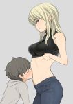  1boy 1girl age_difference blonde_hair blue_eyes blush breasts closed_eyes contrapposto cowboy_shot denim eyebrows_visible_through_hair from_side grey_background hetero highres impossible_clothes impossible_shirt jeans licking licking_stomach medium_breasts medium_hair midriff navel_licking nora_higuma original pants parted_lips shirt shirt_lift sidelocks simple_background sleeveless sleeveless_shirt sweatdrop turtleneck 