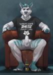  alcohol anthro arcticlion balls beverage bottomless canid canine clothed clothing erection humanoid_penis looking_at_viewer male mammal penis shirt sitting solo topwear uncut 