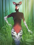  anthro arabelle breasts digital_media_(artwork) female giraffid hi_res horn mammal nipple_piercing nipples nude okapi ossicone piercing pinup pose solo wolfpsalm 