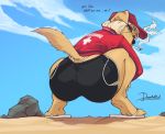  2018 anthro beach big_butt blonde_hair blue_eyes blush bodily_fluids bottomwear butt canid canine canis clothed clothing crouching digital_media_(artwork) doggomeatball domestic_dog english_text eyelashes female fur hair hi_res lifeguard looking_at_viewer looking_back low-angle_view mammal outside panties public sand seaside shorts signature smoke smoking solo spread_legs spreading summer text thick_thighs thong underwear worm&#039;s-eye_view 