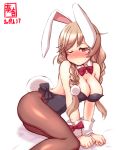  1girl alternate_costume animal_ears artist_logo black_leotard blush bow bowtie braid breasts brown_eyes brown_legwear bunny_ears bunny_tail bunnysuit cleavage cloud_hair_ornament commentary_request dated detached_collar gradient_hair highres kanon_(kurogane_knights) kantai_collection large_breasts leotard light_brown_hair long_hair looking_at_viewer minegumo_(kantai_collection) multicolored_hair one_eye_closed pantyhose red_eyes red_neckwear revision simple_background solo strapless strapless_leotard tail twin_braids white_background wrist_cuffs 