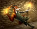  2019 anthro canid canine clothed clothing digital_drawing_(artwork) digital_media_(artwork) fire fox fur gun hair hi_res holding_object holding_weapon male mammal pose ranged_weapon solo weapon zeshapyra 