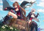  2girls arm_support azur_lane bangs banner belt blue_sky boots breasts brown_hair bug butterfly butterfly_hair_ornament choker cleavage closed_mouth collarbone day dunkerque_(azur_lane) earrings expressionless eyebrows_visible_through_hair gloves grey_hair hair_between_eyes hair_ornament head_tilt highres insect jacket jean_bart_(azur_lane) jewelry large_breasts logo long_hair long_sleeves looking_at_viewer medium_breasts multiple_girls nagu official_art outdoors pink_eyes polearm ponytail purple_jacket purple_legwear rapier red_eyes short_shorts shorts shrug_(clothing) sidelocks single_thighhigh sitting skull sky spear sword thigh_boots thighhighs watermark weapon 
