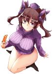  1girl arm_support bottomless breasts brown_hair cellphone commentary_request deetamu eyebrows_behind_hair flip_phone from_above hair_ribbon hat highres himekaidou_hatate holding holding_phone kneeling large_breasts light_frown long_hair long_sleeves looking_to_the_side naked_sweater phone pointy_ears purple_eyes purple_sweater ribbed_sweater ribbon simple_background socks solo sweater touhou twintails white_background 