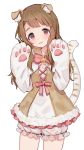  1girl animal_ear_fluff animal_ears bell bloomers blush bow bowtie brown_eyes brown_hair cowboy_shot eyebrows_visible_through_hair fur-trimmed_dress fur_trim gloves hands_up highres idolmaster idolmaster_million_live! jingle_bell long_hair looking_at_viewer miyao_miya neck_bell parted_lips paw_gloves paws pink_hair shone simple_background smile solo tail underwear white_background 