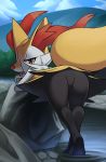  ambiguous_gender anthro bent_over black_fur blue_sky bodily_fluids braixen butt chest_tuft day featureless_crotch fur half-closed_eyes katahane3 looking_at_viewer looking_back nintendo pink_tongue pok&eacute;mon pok&eacute;mon_(species) pseudo_clothing rock sky solo sweat thick_thighs tongue tongue_out tuft video_games water white_fur yellow_fur 
