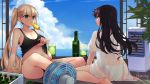  2girls anationkgt bare_legs bare_shoulders barefoot beer_bottle black_hair black_panties black_tank_top blonde_hair blue_eyes breasts cleavage cloud cloudy_sky commentary_request cup day drinking_glass fan food grey_eyes highres indoors large_breasts long_hair multiple_girls no_bra ocean original panties plant popsicle seiza sheer_clothes shirt signature sitting sky summer t-shirt twintails underwear white_panties wooden_floor 