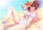  1girl ankle_garter breasts brown_hair carnelian cleavage collarbone criss-cross_halter day earrings flower green_eyes halterneck hat hat_flower jewelry kantai_collection large_breasts leg_up light_smile looking_at_viewer lying mutsu_(kantai_collection) navel navel_cutout o-ring o-ring_swimsuit one-piece_swimsuit outdoors partially_submerged short_hair solo sparkle straw_hat sun_hat swimsuit white_swimsuit 
