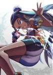  1girl aqua_hair armband bike_shorts black_hair blue_eyes blue_gloves breasts cameltoe double_v earrings gloves grin hair_ornament highres hoop_earrings jewelry long_hair looking_at_viewer medium_breasts midriff multicolored_hair poke_ball pokemon pokemon_(game) pokemon_swsh rurina_(pokemon) saira single_glove smile solo sports_bra taut_clothes thighs two-tone_hair v water wristband 
