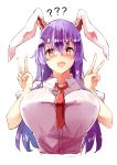  1girl ? @_@ animal_ears between_breasts blush breasts bunny_ears commentary_request deetamu double_v eyebrows_behind_hair highres large_breasts long_hair looking_at_viewer necktie necktie_between_breasts open_mouth purple_eyes purple_hair reisen_udongein_inaba shirt short_sleeves simple_background solo touhou upper_body v white_background 