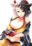  1girl animal_ears bare_shoulders black_hair breasts cleavage collarbone commentary_request deetamu eyebrows_behind_hair groin haori highres horns japanese_clothes large_breasts multicolored_hair navel off_shoulder open_mouth red_eyes simple_background solo statue touhou two-tone_hair upper_teeth ushizaki_urumi white_background white_hair 