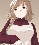  1girl alternate_costume artist_name beige_apron braid brown_background brown_sweater cloud_hair_ornament commentary_request gradient_hair hair_over_shoulder kantai_collection light_brown_hair long_hair looking_at_viewer minegumo_(kantai_collection) moti_coi multicolored_hair red_eyes simple_background solo sweater twin_braids upper_body 