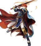  1boy arm_guards armor armored_boots bangs belt black_gloves blue_eyes boots cape closed_mouth eliwood_(fire_emblem) fire_emblem fire_emblem:_the_blazing_blade fire_emblem_heroes full_body gloves highres holding holding_sword holding_weapon jewelry long_sleeves looking_at_viewer male_focus official_art pants red_hair shiny shiny_hair short_hair shoulder_armor solo sword tiara transparent_background wada_sachiko weapon white_pants 