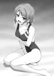  1girl barefoot between_legs blush breasts cleavage collarbone competition_school_swimsuit greyscale hand_between_legs highres looking_at_viewer love_live! love_live!_sunshine!! medium_breasts monochrome nanotsuki open_mouth shiny shiny_hair short_hair sitting solo sweat swimsuit tears watanabe_you 