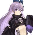  1girl bangs blue_ribbon commentary_request fate/grand_order fate_(series) flat_chest hair_between_eyes hair_ribbon highres long_hair looking_at_viewer meltryllis navel purple_eyes purple_hair ribbon simple_background sleeves_past_fingers sleeves_past_wrists smile solo sookmo stomach upper_body very_long_hair very_long_sleeves white_background 