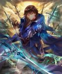  1boy aloma armor blue_cape blue_eyes brown_hair cape cloud day earrings gloves highres jewelry long_sleeves looking_back magic official_art outdoors pants shadowverse solo standing sword twisted_torso watermark weapon 