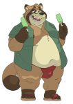  2019 anthro belly bluewhale127 brown_fur bulge canid canine clothing eyewear food fur glasses green_eyes hi_res male mammal moobs navel nipples overweight overweight_male popsicle raccoon_dog shirt simple_background solo tanuki tenugui topwear underwear white_background 