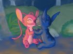  2017 4_fingers 4_toes alien angel_(lilo_and_stitch) antennae_(anatomy) back_markings blue_body blue_nose chest_markings claws digital_drawing_(artwork) digital_media_(artwork) disney duo experiment_(species) eyes_closed female forest hand_holding head_markings hi_res kissing lilo_and_stitch male male/female markings night notched_ear occipital_markings outside pawpads penis pink_body purple_claws purple_nose purple_pawpads pussy shinazuka sitting small_tail smile stitch toe_claws toes tree 
