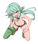  1girl absurdres black_bow blush boots bow breasts commentary_request elf eyebrows_visible_through_hair flat_chest from_above goblin_slayer! green_eyes green_hair green_legwear hair_between_eyes hair_bow high_elf_archer_(goblin_slayer!) highres kuso_otoko long_hair looking_at_viewer navel nipples pointy_ears shorts simple_background single_boot solo thigh_boots thighhighs tongue tongue_out topless torn_clothes upper_teeth white_background 