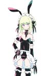  1boy apron black_gloves blonde_hair blush earrings gloves green_hair jewelry lio_fotia looking_at_viewer maid maid_apron maid_headdress male_focus otakebi otoko_no_ko promare purple_eyes solo underwear white_background 