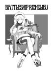  1girl belt beret chair character_name commentary_request crossed_legs dress french_flag full_body gloves greyscale hair_between_eyes hand_on_own_face hat highres kantai_collection long_hair looking_at_viewer mole mole_under_eye mole_under_mouth monochrome pom_pom_(clothes) richelieu_(kantai_collection) sitting solo strapless strapless_dress taji_(crowview) thighhighs 