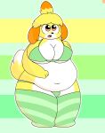  2019 absurd_res animal_crossing belly big_breasts breasts canid canine canis clothed clothing digital_media_(artwork) domestic_dog elemento-wolf female fur hi_res isabelle_(animal_crossing) looking_at_viewer mammal navel nintendo open_mouth overweight overweight_female shih_tzu simple_background solo thick_thighs toy_dog video_games voluptuous yellow_fur 