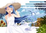  1girl :d ^_^ arm_behind_back bangs bare_arms bare_shoulders blonde_hair blue_hair blue_sky closed_eyes cloud cloudy_sky collarbone commentary day dress facing_viewer flower hand_on_headwear hat hat_ribbon kantai_collection leaf long_hair multicolored_hair open_mouth outdoors plant ribbon samidare_(kantai_collection) sidelocks sky sleeveless sleeveless_dress smile solo straw_hat streaked_hair sun_hat sundress sunflower swept_bangs two-tone_hair upper_teeth very_long_hair watermill white_dress white_ribbon yasume_yukito 