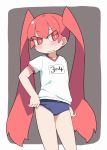  1girl adjusting_clothes adjusting_panties blue_panties commentary_request fang grey_background gym_uniform hiro_hiroki long_hair panties panties_under_panties pink_panties red_eyes red_hair shirt simple_background solo twintails ueno-san_wa_bukiyou ueno_(ueno-san_wa_bukiyou) underwear white_shirt 