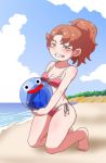  1girl beach blush breasts cleavage cloud commentary_request curly_hair dragon_quest dragon_quest_vii green_eyes looking_at_viewer maribel_(dq7) medium_hair open_mouth red_hair sky slime_(dragon_quest) smile swimsuit 