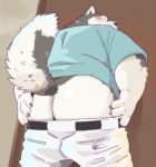  2019 anthro blush bottomwear butt canid canine canis clothing domestic_dog eyes_closed garouzuki hi_res humanoid_hands male mammal overweight overweight_male pants shirt solo topwear undressing 