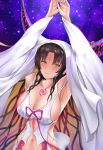  1girl armpits arms_up bangs bare_shoulders black_hair blush breasts chest_tattoo cleavage closed_mouth collarbone crimecrime detached_sleeves facial_mark fate/extra fate/extra_ccc fate_(series) forehead_mark highres horns large_breasts long_hair looking_at_viewer navel parted_bangs revealing_clothes sesshouin_kiara sideboob sky smile solo star_(sky) starry_sky tattoo veil very_long_hair wavy_hair wide_sleeves yellow_eyes 