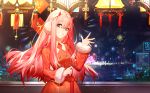  1girl bangs coat commentary darling_in_the_franxx eyebrows_visible_through_hair eyes_visible_through_hair fireworks green_eyes hair_between_eyes hairband hand_up highres holding holographic_interface horns long_hair long_sleeves looking_at_viewer oni_horns pink_hair red_coat red_horns smile solo teeth uniform white_hairband window yyb zero_two_(darling_in_the_franxx) 