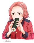  1girl artist_name brown_eyes commentary cropped_torso dated ehoumaki epaulettes food food_in_mouth girls_und_panzer holding holding_food horikou jacket long_sleeves makizushi military military_uniform red_hair red_jacket rosehip short_hair signature simple_background solo st._gloriana&#039;s_military_uniform sushi uniform upper_body white_background 