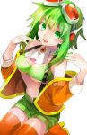  1girl :d absurdres breasts crop_top fingernails from_above goggles goggles_on_head green_eyes green_hair green_nails green_shirt green_shorts gumi happy highres jacket jacket_removed looking_at_viewer looking_up medium_breasts midriff navel open_mouth orange_jacket orange_legwear q-chiang seiza shirt short_hair short_hair_with_long_locks shorts simple_background sitting smile solo suspender_shorts suspenders teeth thighhighs underboob upper_teeth vocaloid white_background zettai_ryouiki 