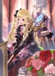  2girls armor bangs bed black_dress blonde_hair boots bow closed_mouth commentary_request company_connection copyright_name curtains day dress effie_(fire_emblem_fates) elise_(fire_emblem) fire_emblem fire_emblem_cipher fire_emblem_fates flower gauntlets gloves green_eyes hair_bow holding indoors long_sleeves mayo_(becky2006) multiple_girls official_art open_mouth purple_eyes shiny shiny_hair short_dress smile staff thigh_boots thighhighs tied_hair twintails white_hair window zettai_ryouiki 