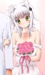  1girl blush bouquet bridal_veil closed_mouth commentary_request dr_rex dress flower hair_flower hair_intakes hair_ornament head_tilt high_school_dxd holding holding_bouquet jacket long_hair long_sleeves pink_flower pink_ribbon pink_rose ribbon rose see-through silver_hair smile solo_focus strapless strapless_dress toujou_koneko veil wedding_dress white_dress white_flower white_jacket white_rose 