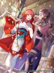  2girls arm_guards armor bangs blue_legwear breastplate brown_eyes brown_hair cape commentary_request company_connection copyright_name elbow_gloves fire_emblem fire_emblem_cipher fire_emblem_fates gloves hairband hana_(fire_emblem) headband holding japanese_clothes long_hair long_sleeves mayo_(becky2006) multiple_girls official_art open_mouth petals red_eyes red_hair sakura_(fire_emblem) shiny shiny_hair short_hair skirt sleeveless smile sparkle staff thighhighs zettai_ryouiki 