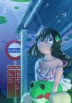  1girl :&gt; asui_tsuyu black_hair boku_no_hero_academia bow breasts cleavage collarbone commentary_request frog_girl frog_hair_ornament green_eyes green_hair green_shorts hair_bow hair_ornament hair_rings holding in_water large_breasts long_hair looking_up low-tied_long_hair shirt shorts sign sitting smile solo stop_sign stuffed_animal stuffed_toy underwater waha_(artist) water white_shirt wood 