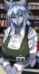  accessory ahoge anthro apron big_breasts blue_eyes blue_hair blush bottomwear bra breasts canid canine canis chest_tuft clothed clothing dress_shirt female fur grey_fur hair hair_accessory hairclip hi_res huge_breasts inside japanese_text kemono leaning leaning_forward looking_at_viewer mammal multicolored_fur name_tag nukochi open_mouth pants sharp_teeth shirt solo store teeth text topwear translucent translucent_clothing tuft two_tone_fur underwear voluptuous wolf 